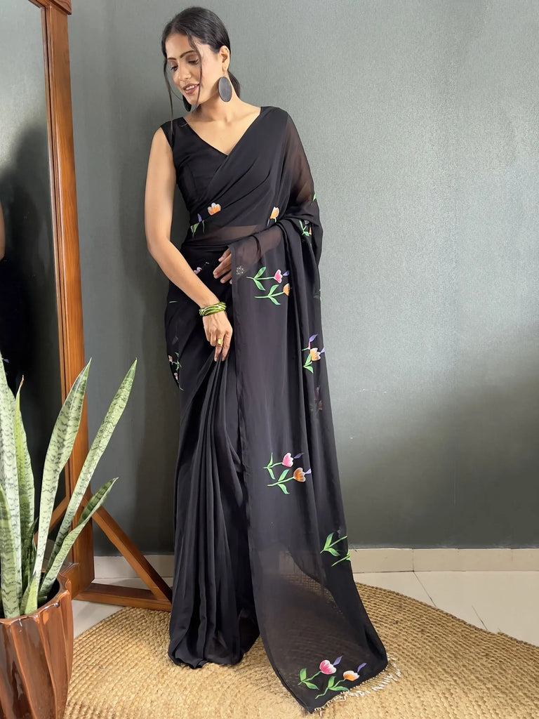 Wonderful Black Floral Print Georgette Ready To Wear Saree With Blouse