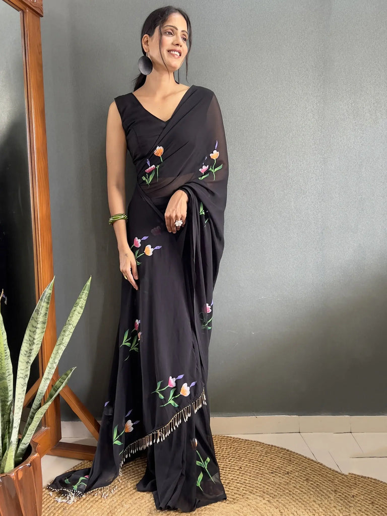 Wonderful Black Floral Print Georgette Ready To Wear Saree With Blouse