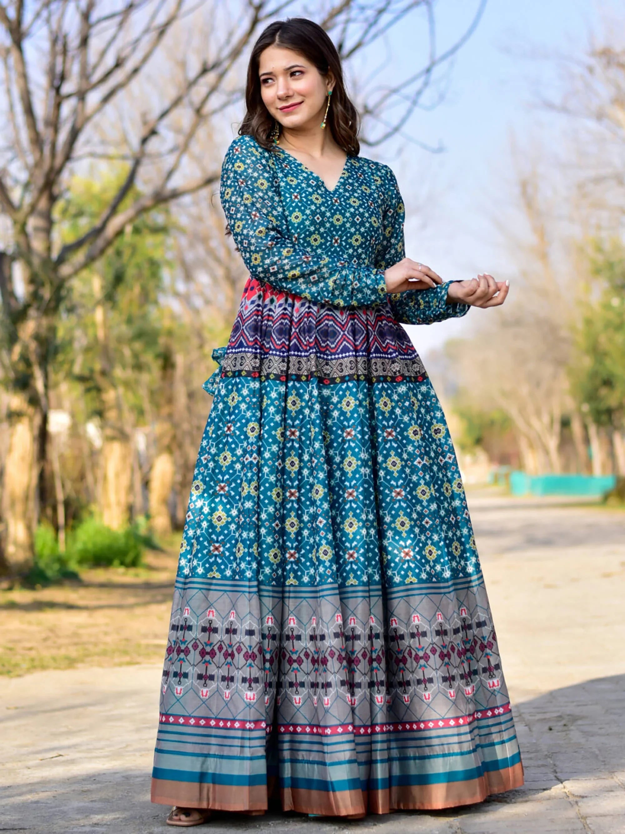 Charming Blue Chanderi Digital Printed Festive Wear Gown
