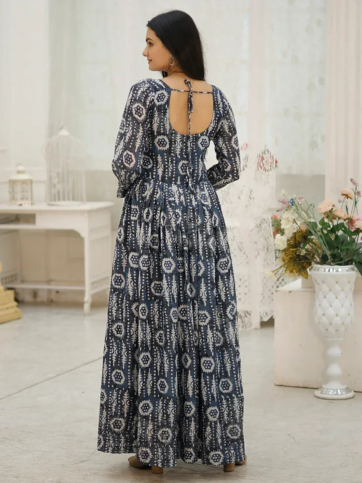 Blue and white printed ethnic gown with back tie detail, long sleeves, and flared skirt for women