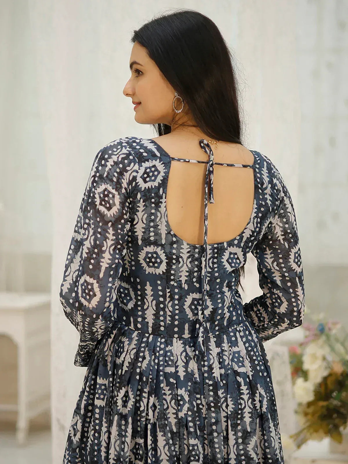 Blue and white printed ethnic gown with back tie detail, long sleeves, and flared skirt for women