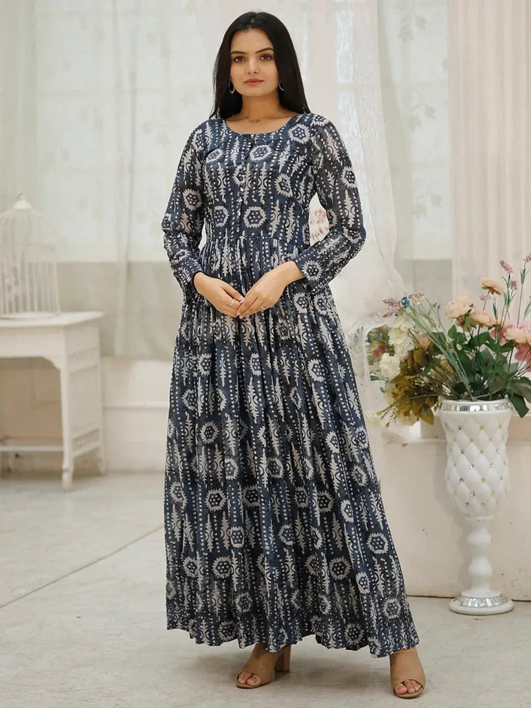 Charming Blue Digital Printed Georgette Festival Wear Gown