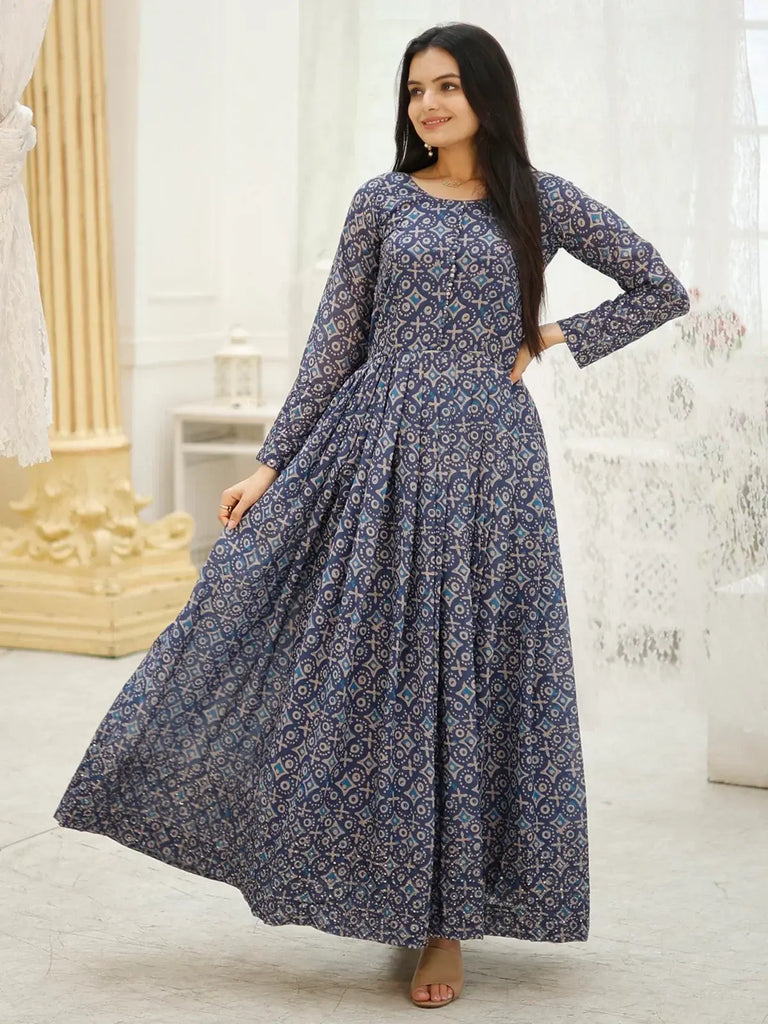 Bewitching Blue Digital Printed Georgette Casual Wear Gown
