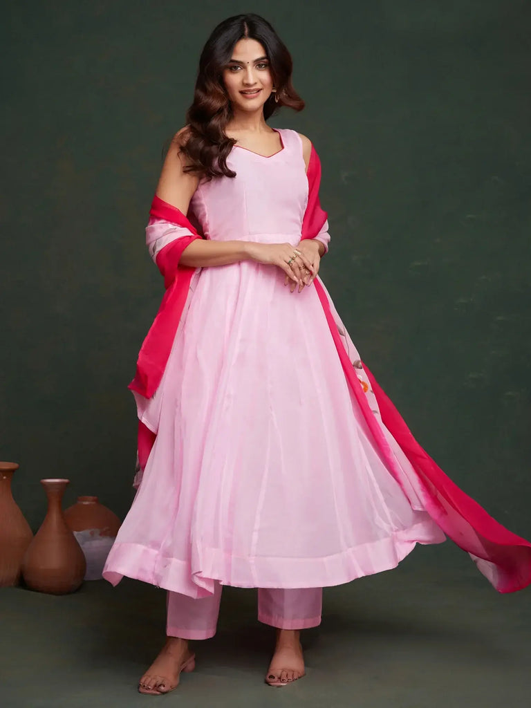 Attractive Pink Organza Event Wear Anarkali Suit With Printed Dupatta