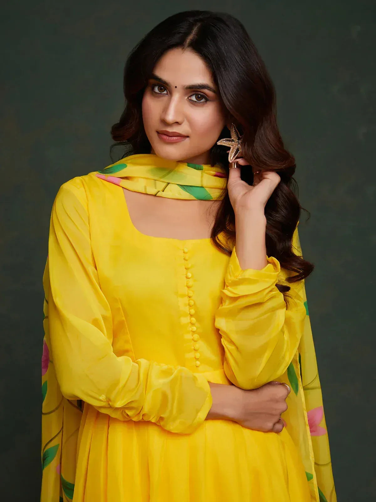 Yellow floral ethnic gown with ruffled sleeves and matching dupatta for women