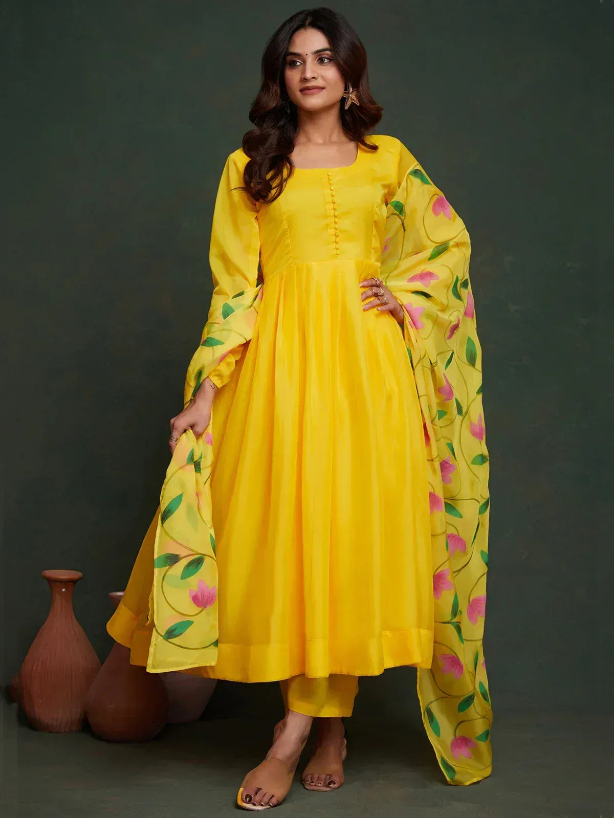 Yellow floral print ethnic anarkali suit with matching dupatta, ideal for festive occasions