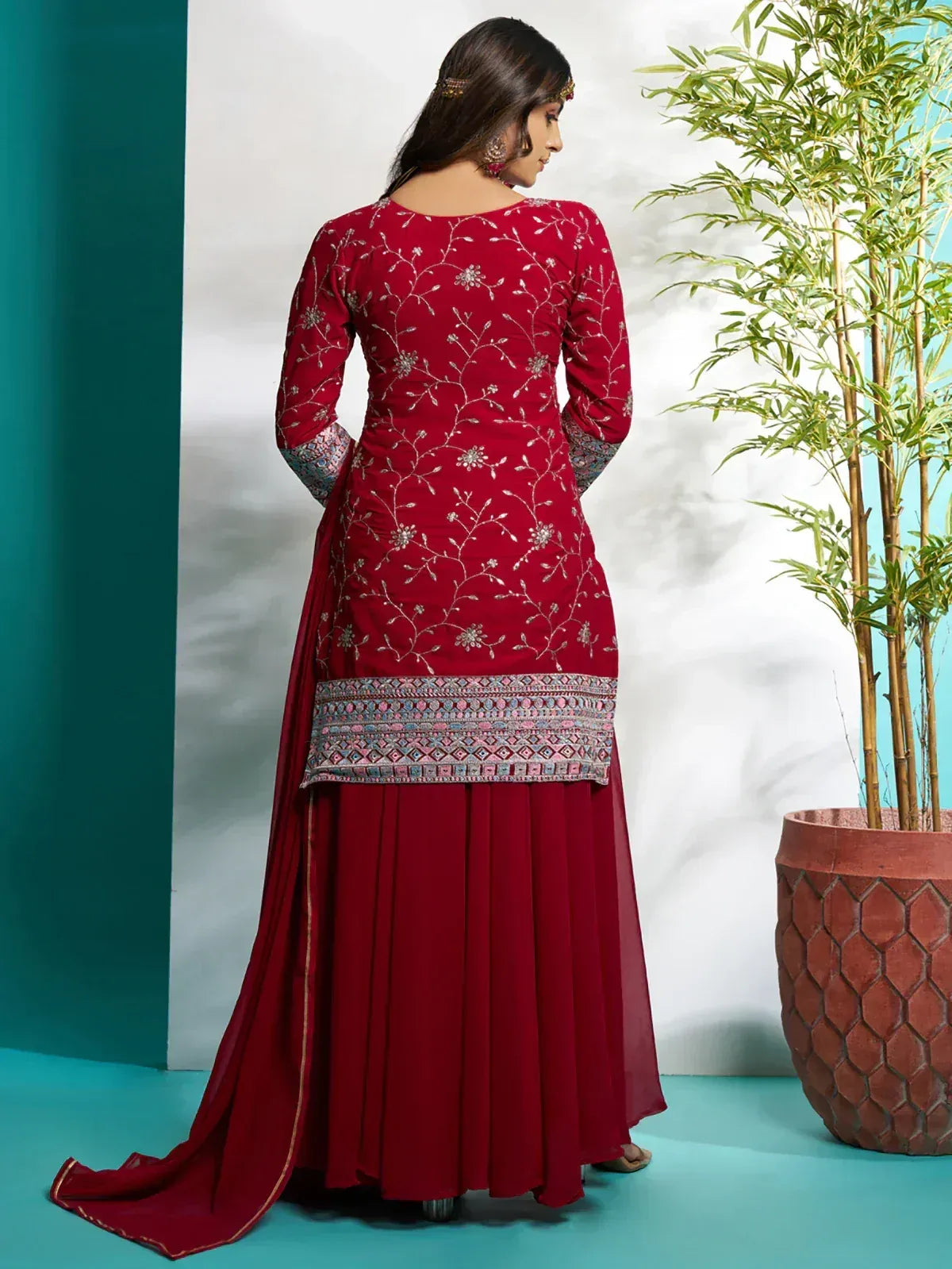 Red embroidered salwar kameez with floral thread work and pleated skirt, ethnic Indian wear