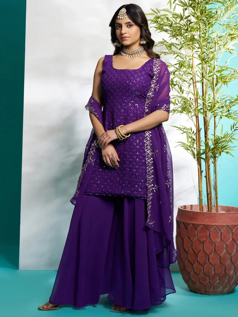 Bewitching Purple Zari Embroidered Georgette Festival Wear Palazzo Suit