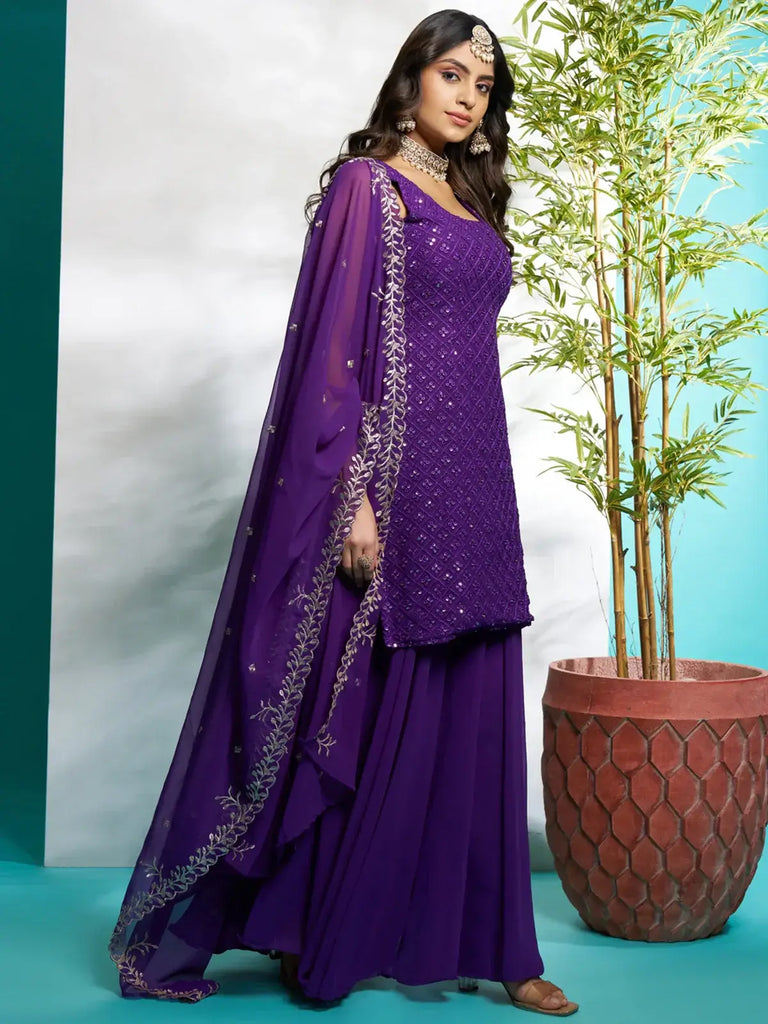 Bewitching Purple Zari Embroidered Georgette Festival Wear Palazzo Suit