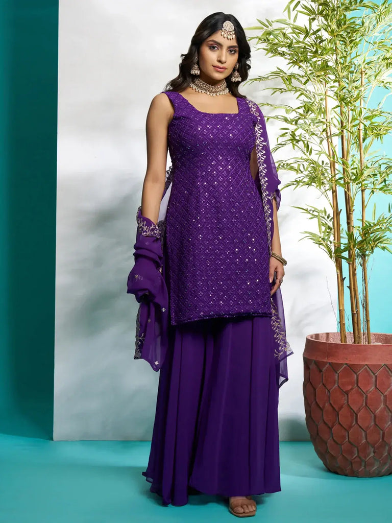Bewitching Purple Zari Embroidered Georgette Festival Wear Palazzo Suit