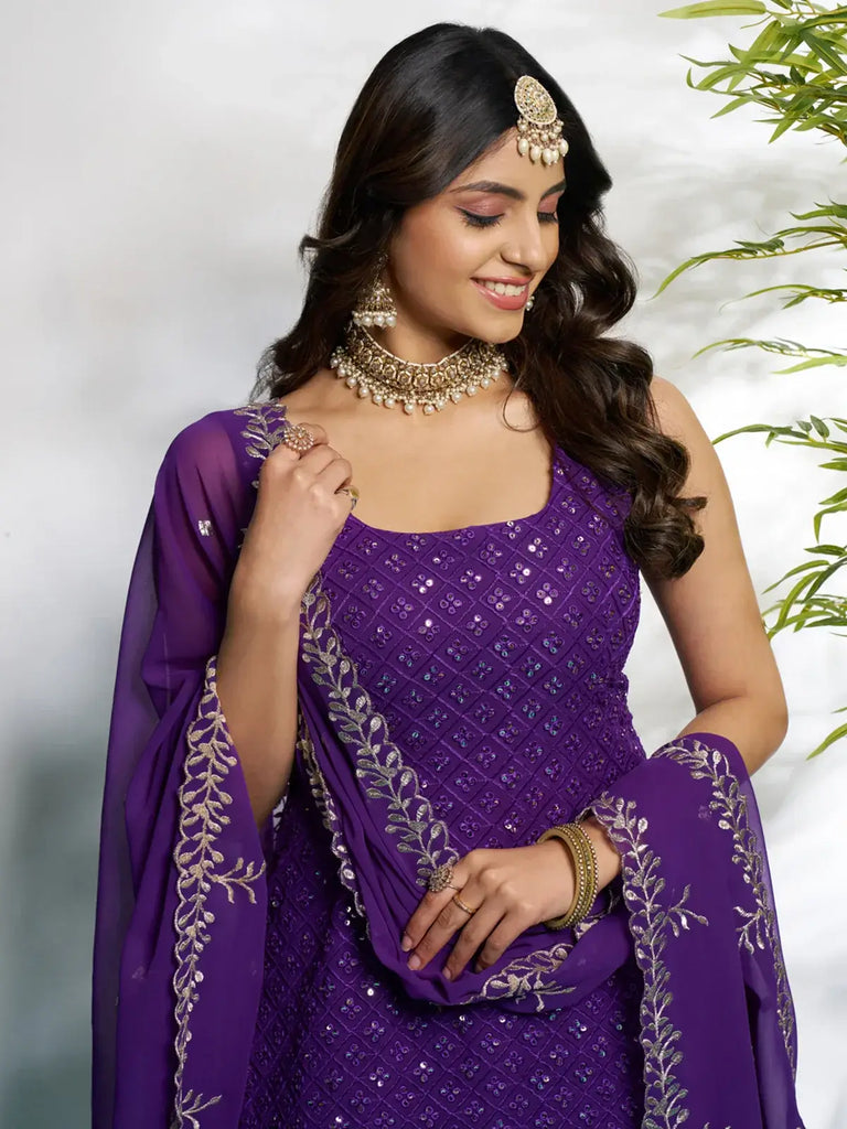 Bewitching Purple Zari Embroidered Georgette Festival Wear Palazzo Suit