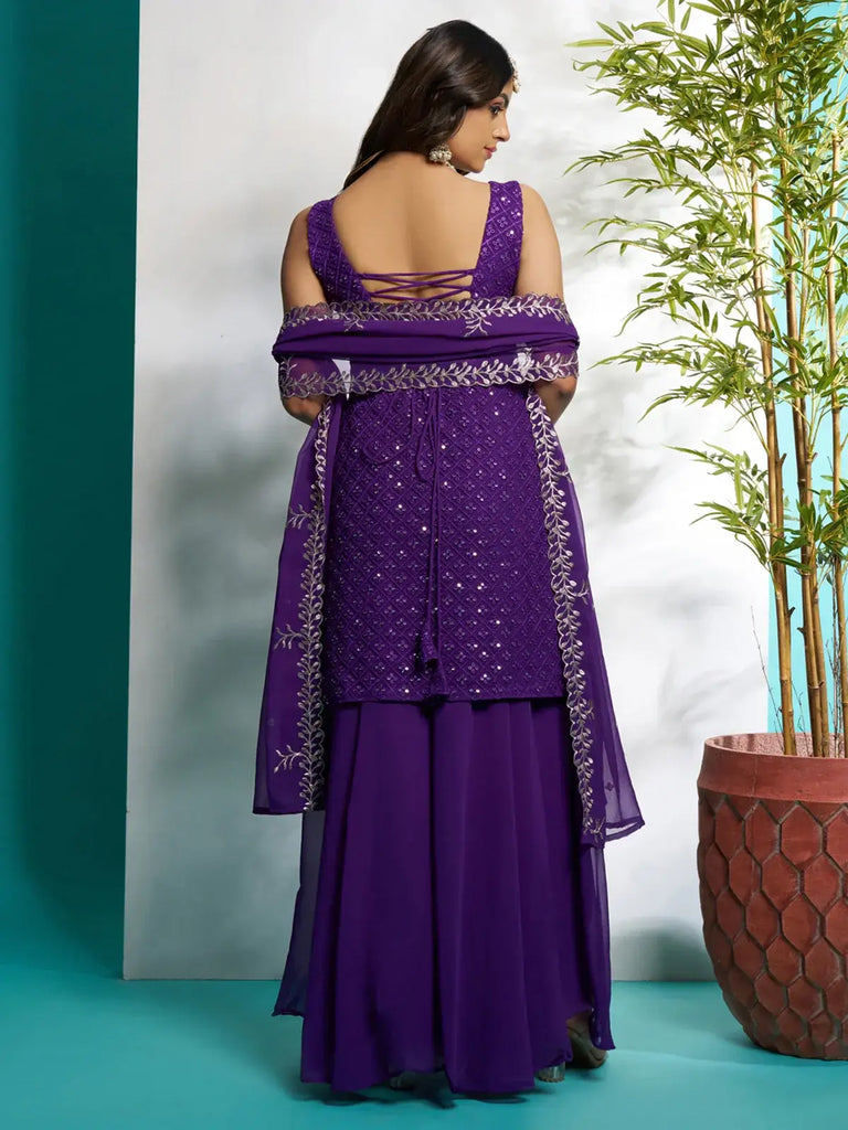 Bewitching Purple Zari Embroidered Georgette Festival Wear Palazzo Suit