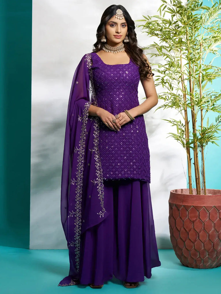 Bewitching Purple Zari Embroidered Georgette Festival Wear Palazzo Suit