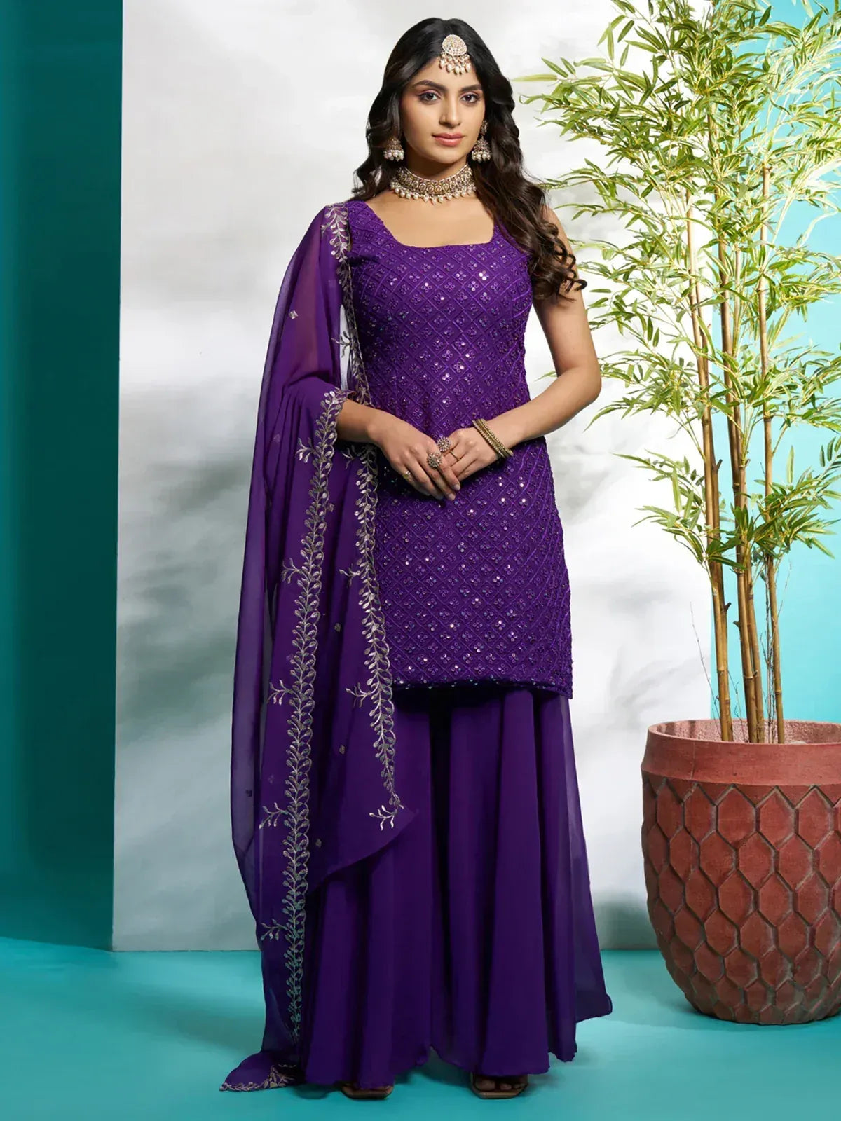 Bewitching Purple Zari Embroidered Georgette Festival Wear Palazzo Suit