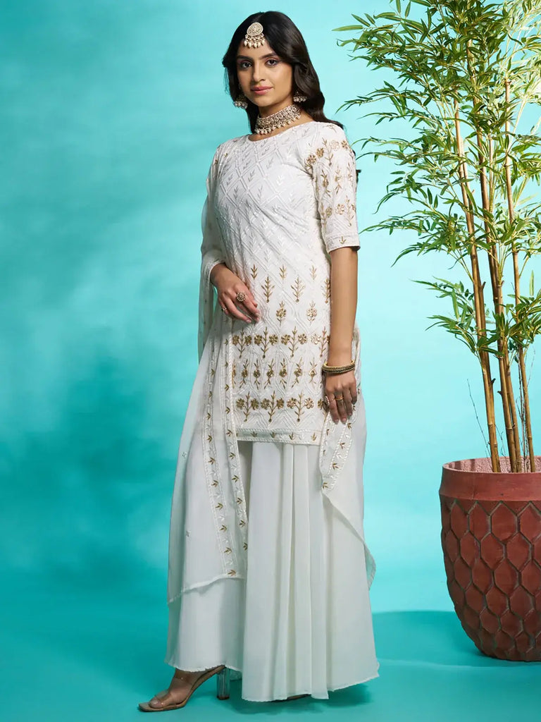 Fascinating White Zari Embroidered Georgette Traditional Palazzo Suit