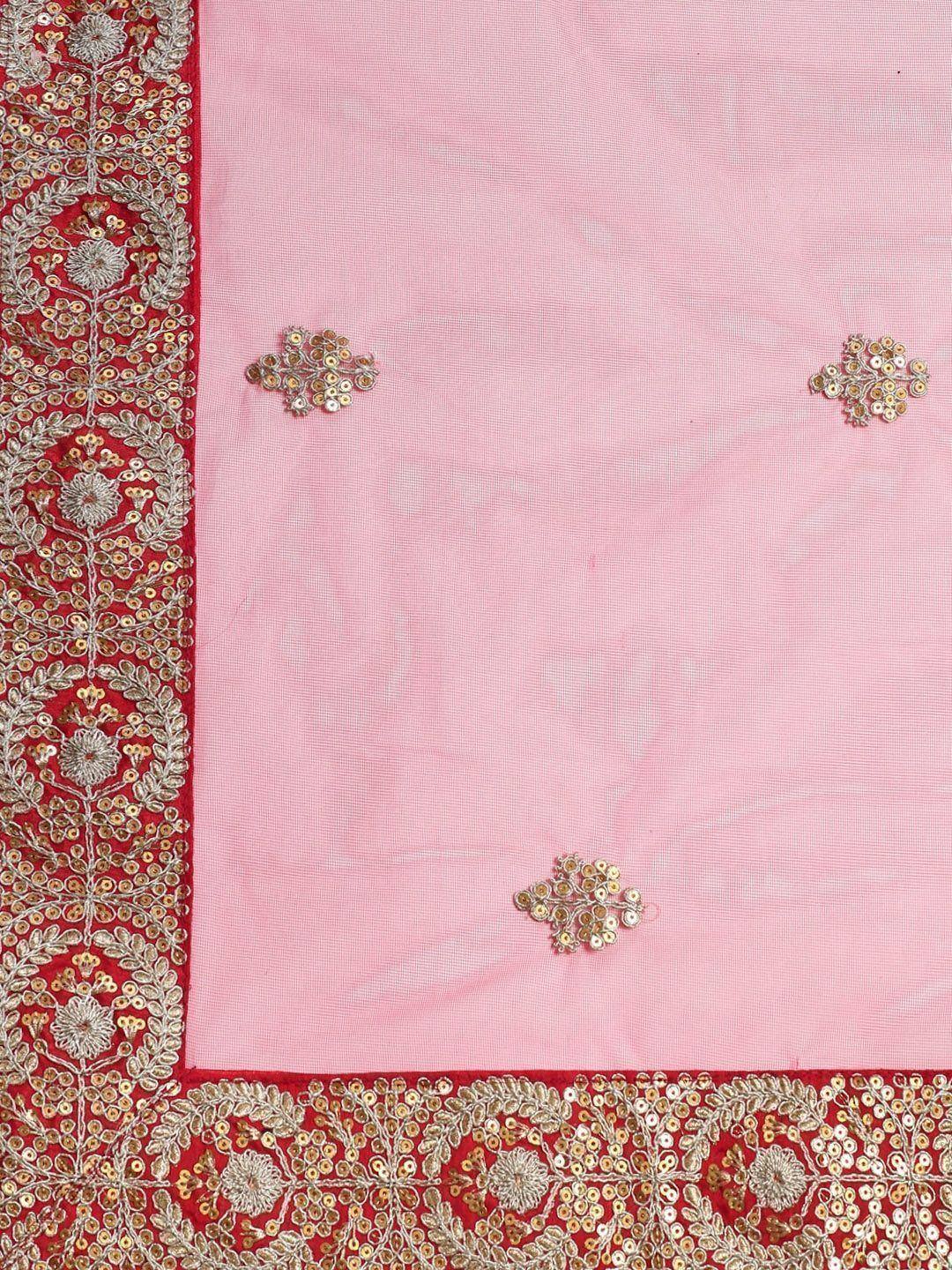 Pink ethnic saree with red border, gold sequin embroidery, and floral motifs for Indian wear
