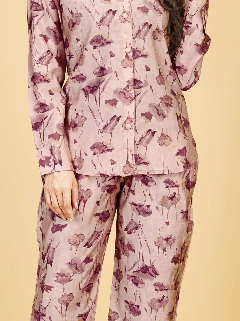 Astonishing Pink Floral Printed Satin Top Pant Co-Ord Set