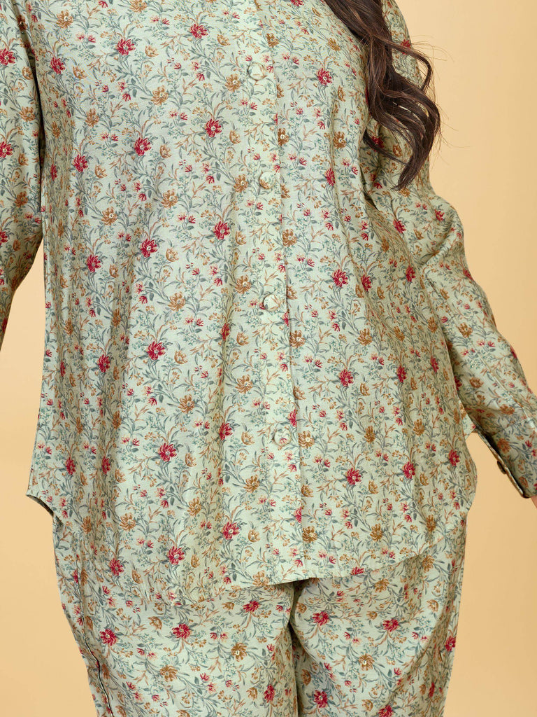 Spectacular Pastel Green Digital Printed Satin Top Pant Co-Ord Set