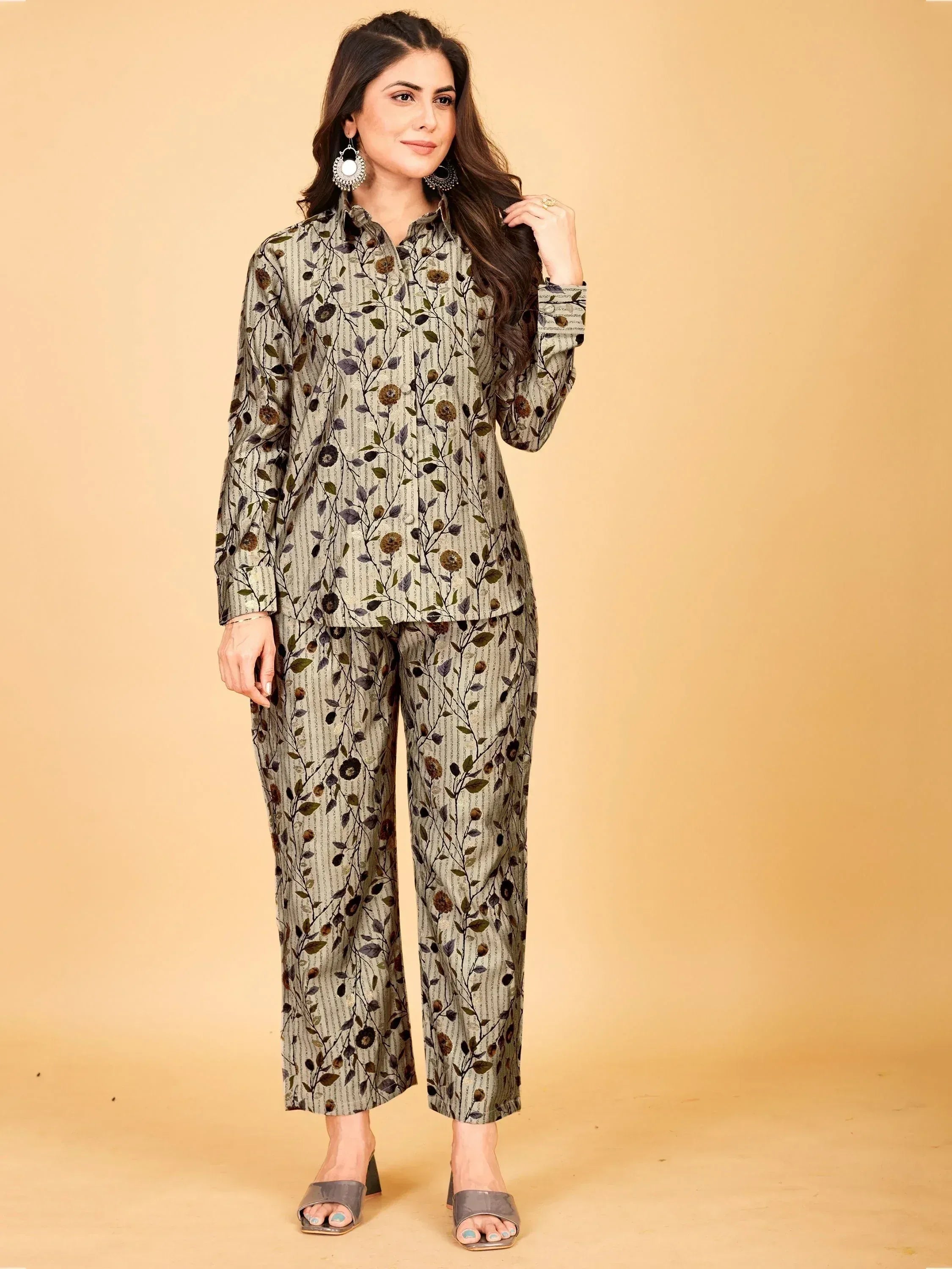 Floral print ethnic salwar kameez set with button-down kurta and palazzo pants, perfect for casual wear.