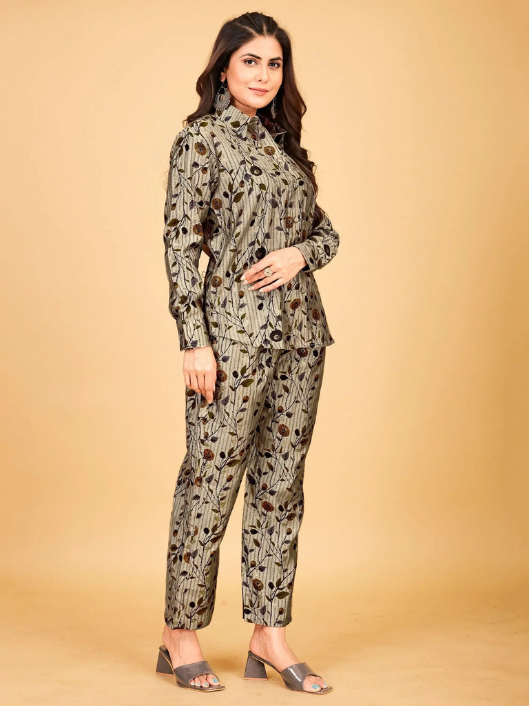 Mesmerizing Grey Floral Printed Satin Top Pant Co-Ord Set