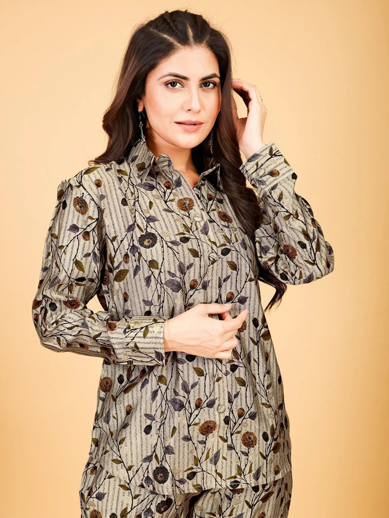 Mesmerizing Grey Floral Printed Satin Top Pant Co-Ord Set