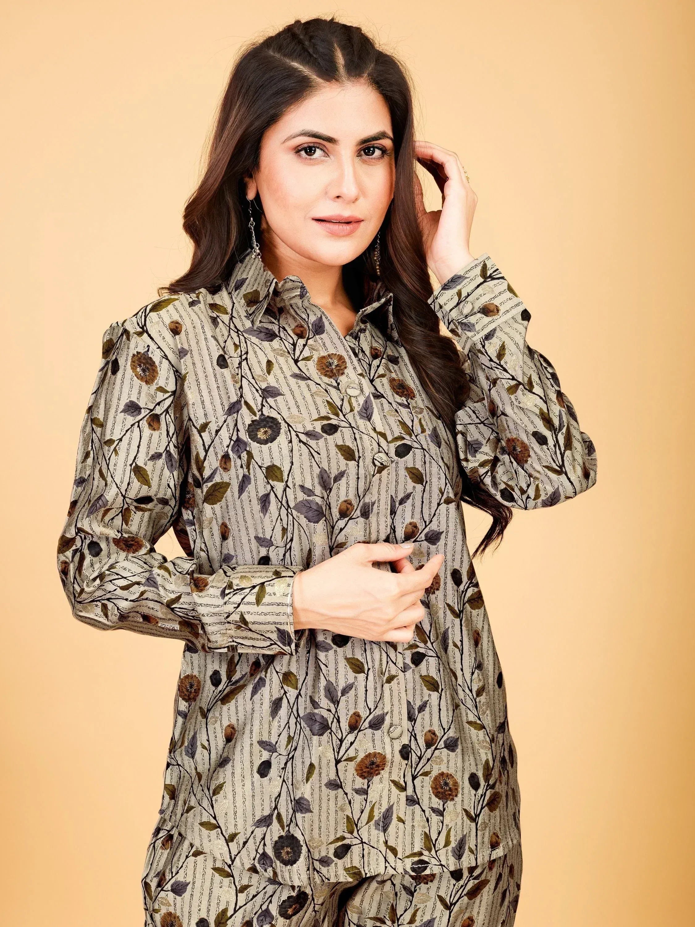 Floral print ethnic kurti with long sleeves and button front, perfect for Indian wear