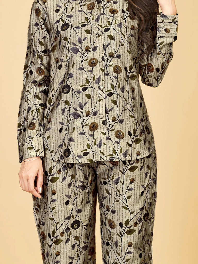 Mesmerizing Grey Floral Printed Satin Top Pant Co-Ord Set