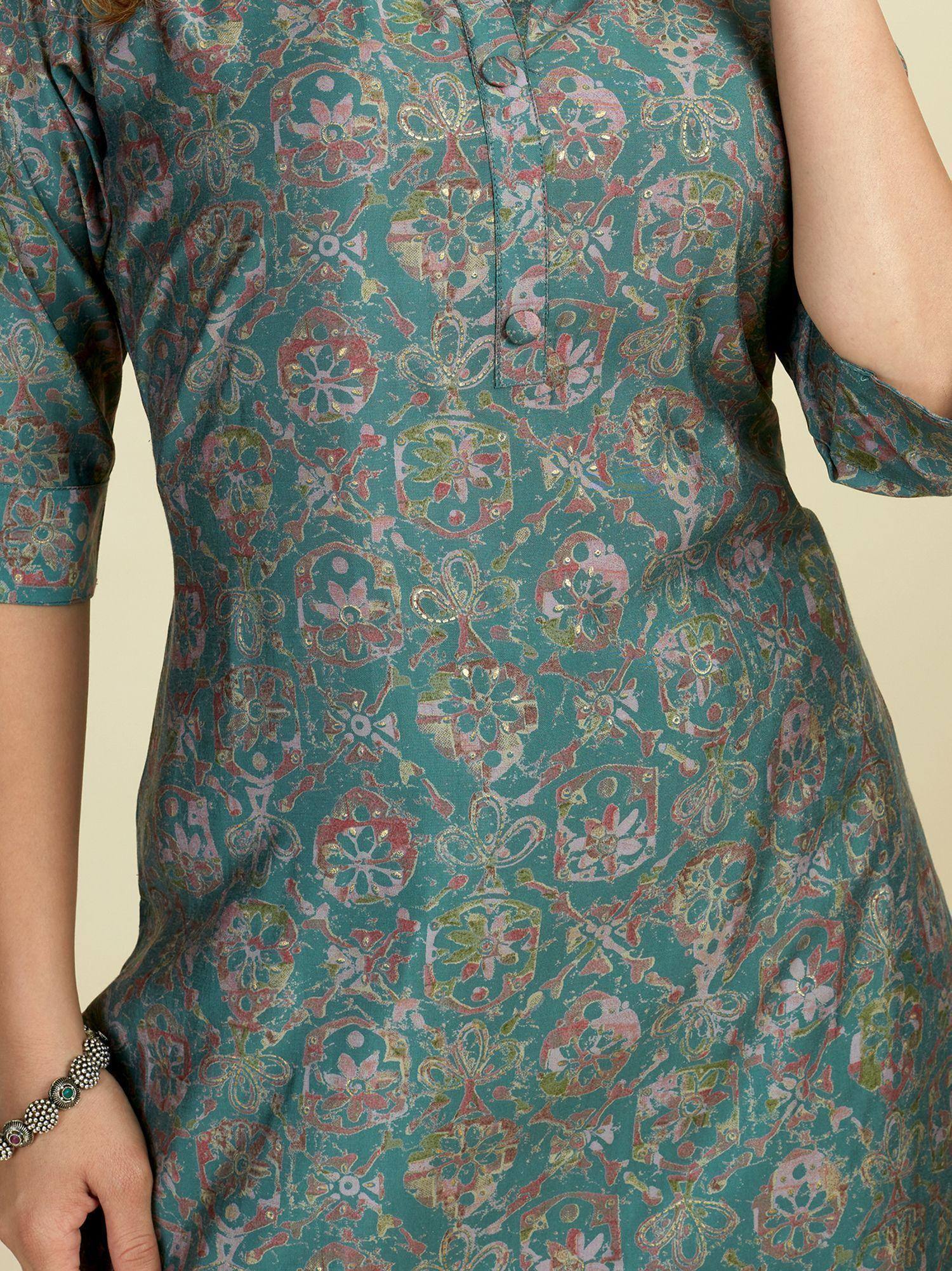 Teal floral print ethnic kurta with gold accents and button placket, ideal for Indian wear
