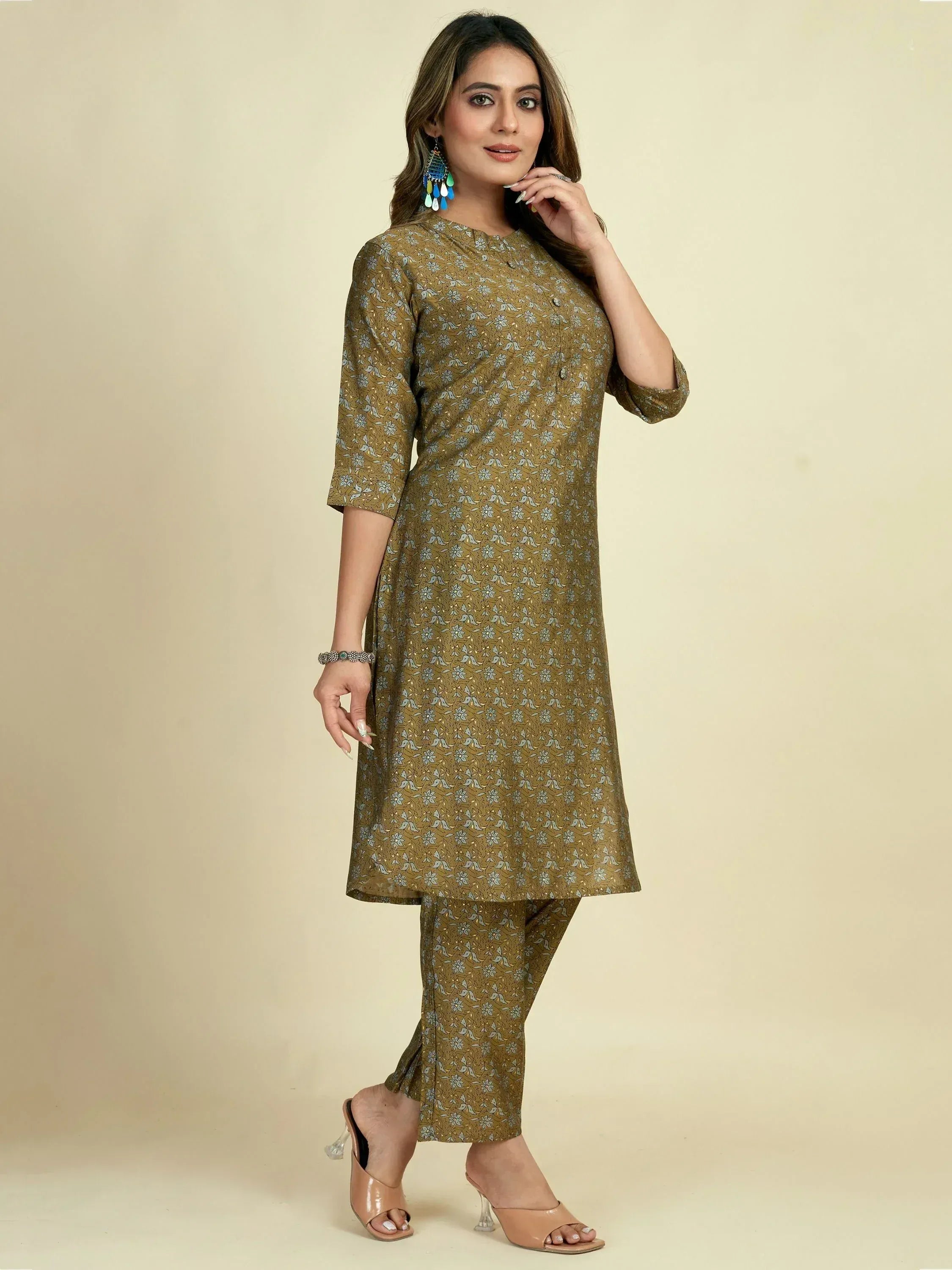 Olive floral print kurta with matching palazzo pants, Indian ethnic wear for women