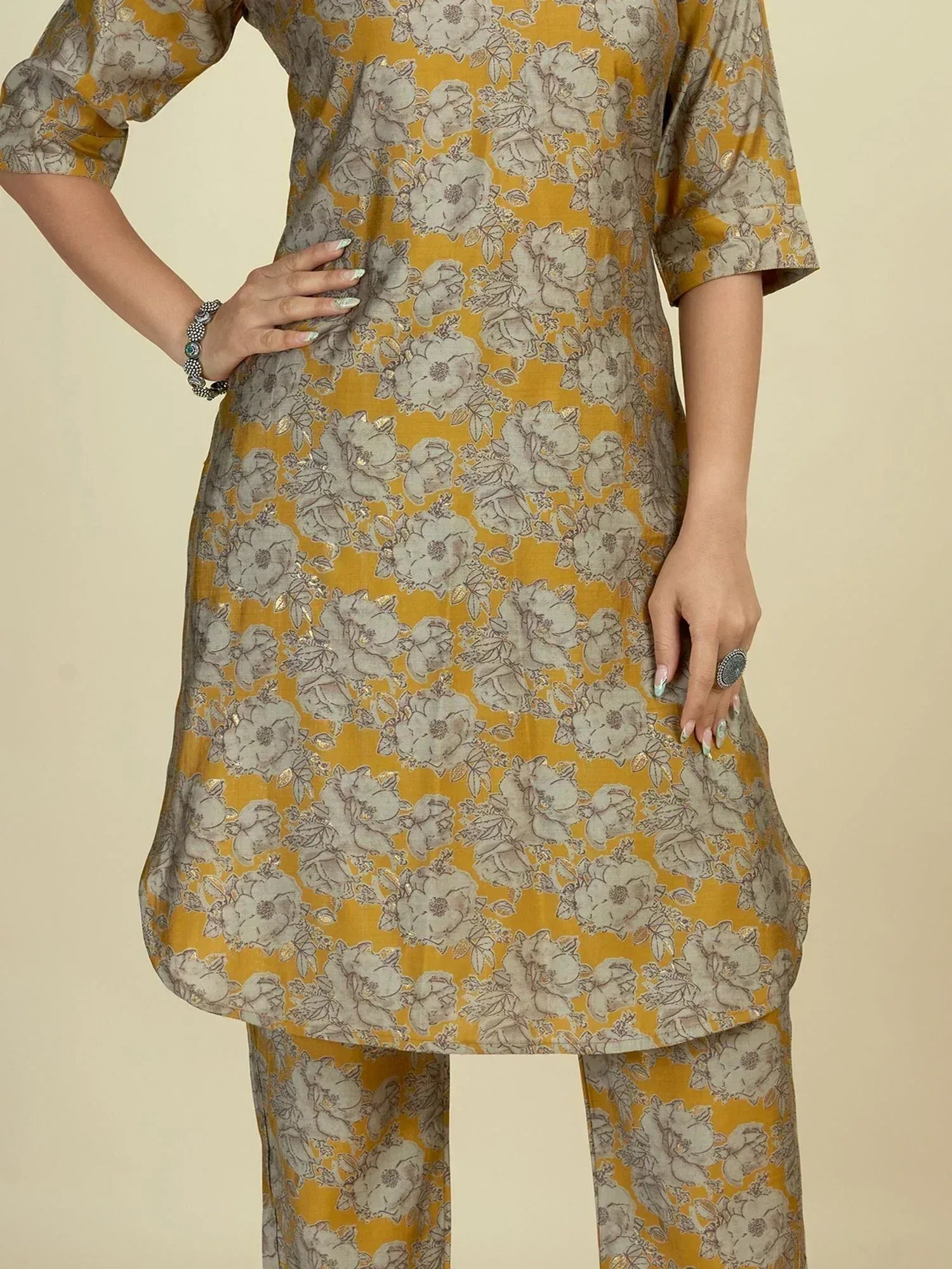 Yellow floral print salwar kameez with grey blooms, ethnic wear for women