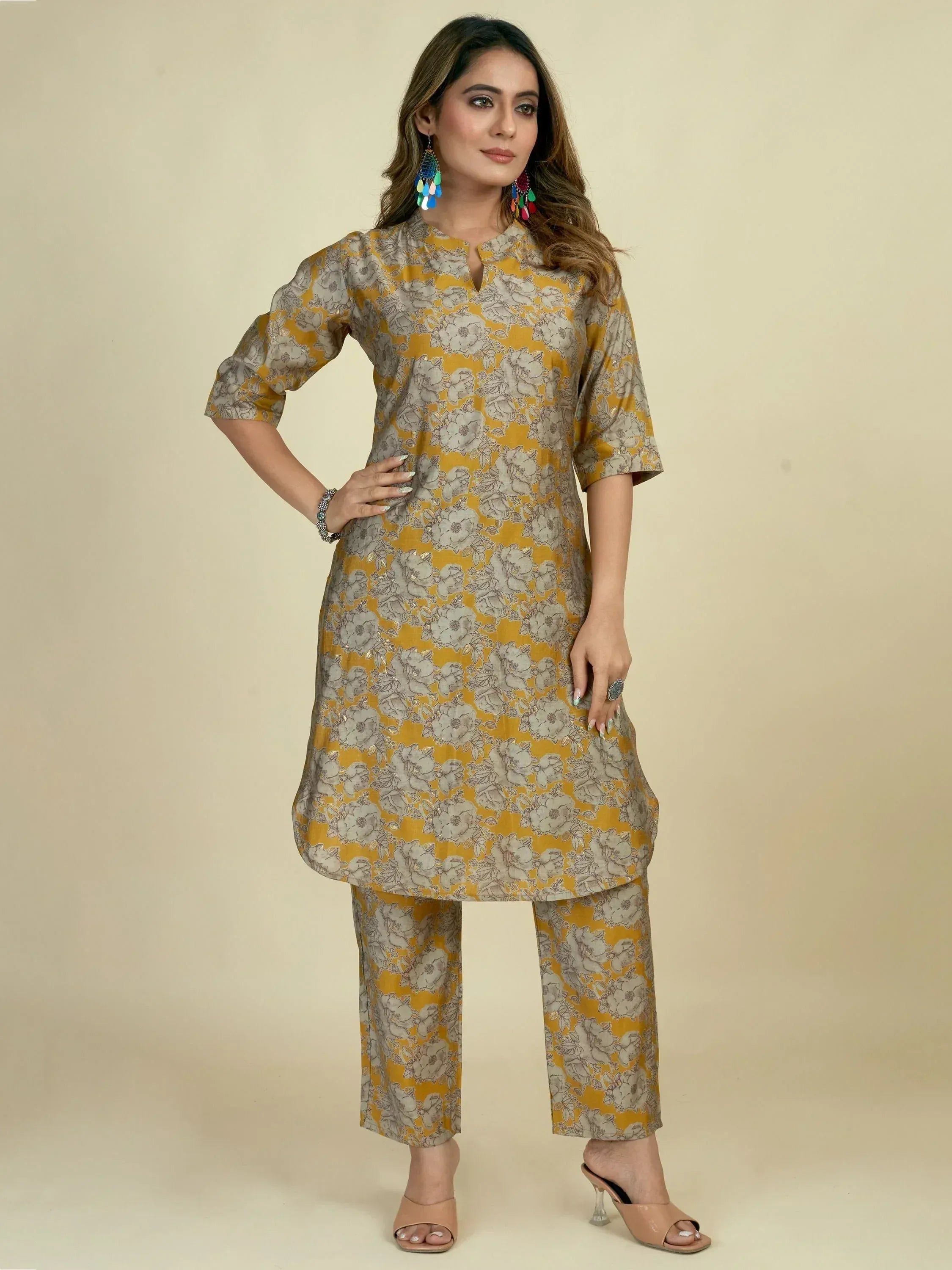 Yellow floral print salwar kameez with grey accents, stylish ethnic wear for women
