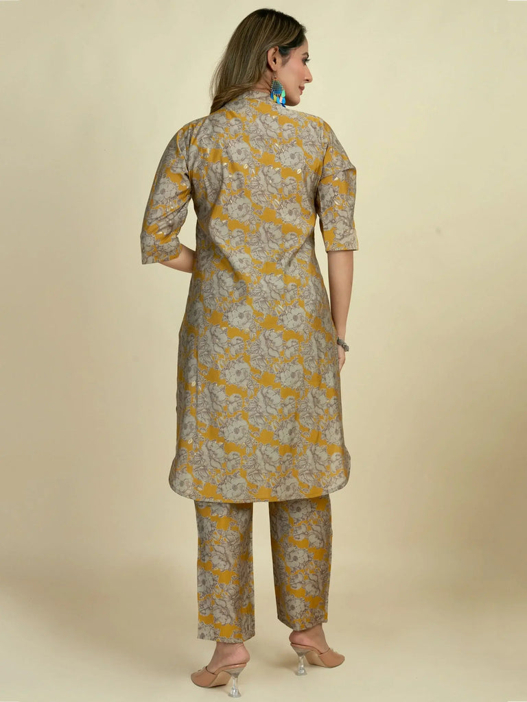 Gorgeous Yellow Floral Printed Satin Casual Wear Kurti Pant