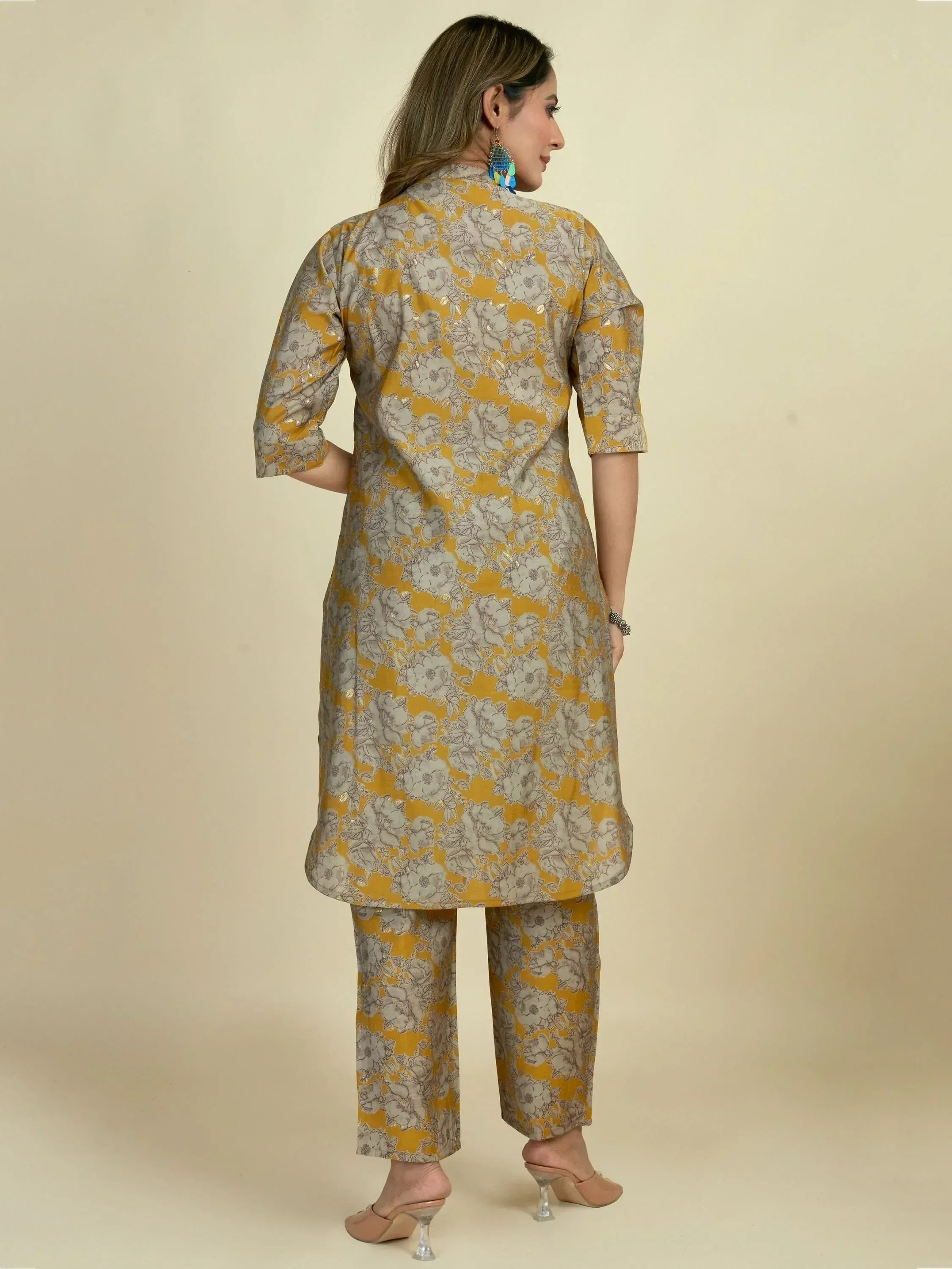 Yellow floral print salwar kameez with matching pants, stylish ethnic wear for women