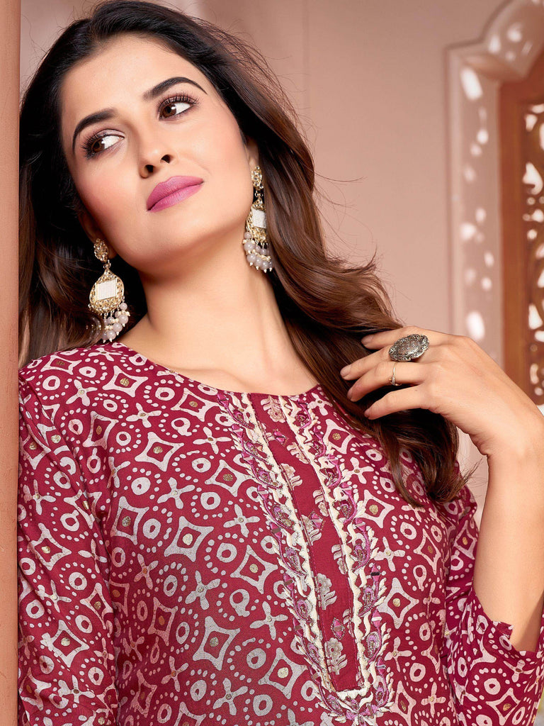 Gorgeous Maroon Digital Printed Rayon Casual Wear Pant Suit