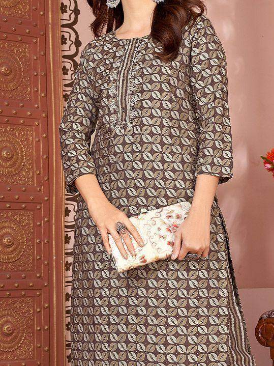 Captivating Brown Digital Printed Rayon Traditional Pant Suit