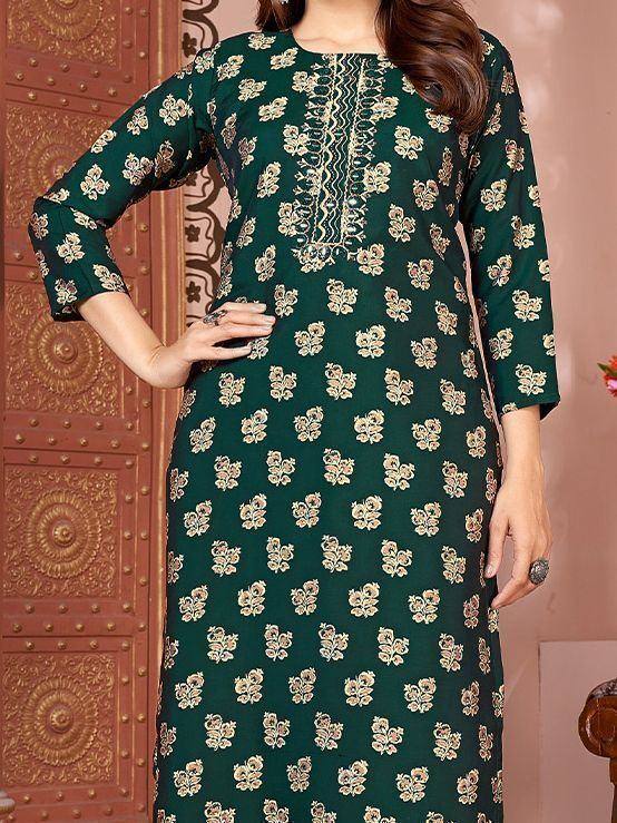 Green floral print ethnic kurti with embroidered neckline, perfect for Indian wear