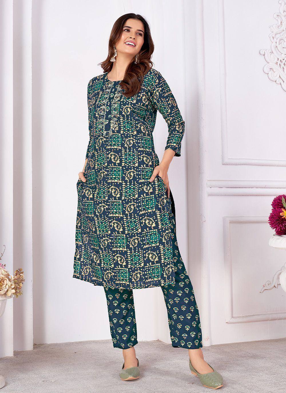 Green printed ethnic kurta with matching palazzo pants, stylish Indian wear for women