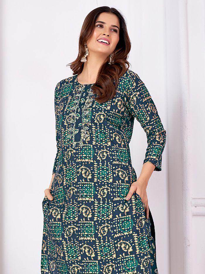 Awesome Blue Digital Printed Rayon Readymade Pant Suit