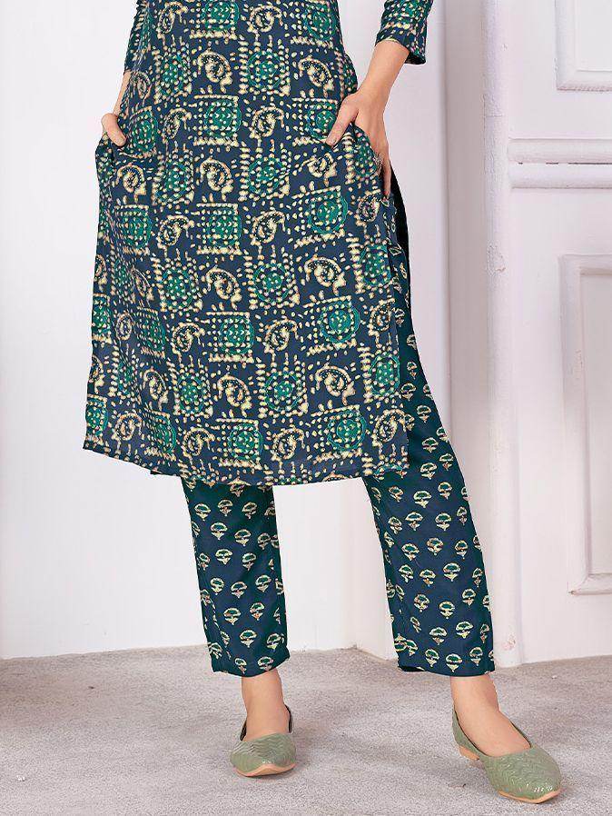 Awesome Blue Digital Printed Rayon Readymade Pant Suit