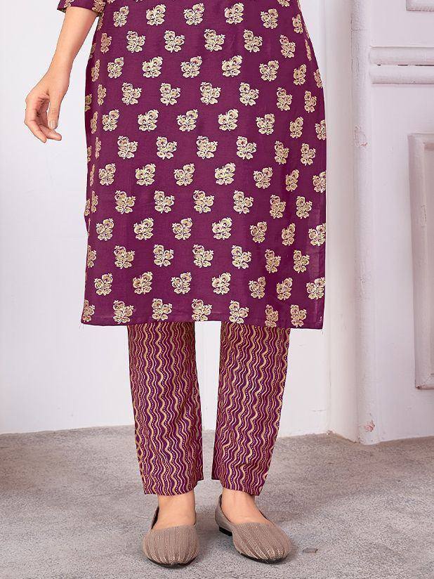 Purple floral printed kurta with matching patterned palazzo pants, ethnic wear for women