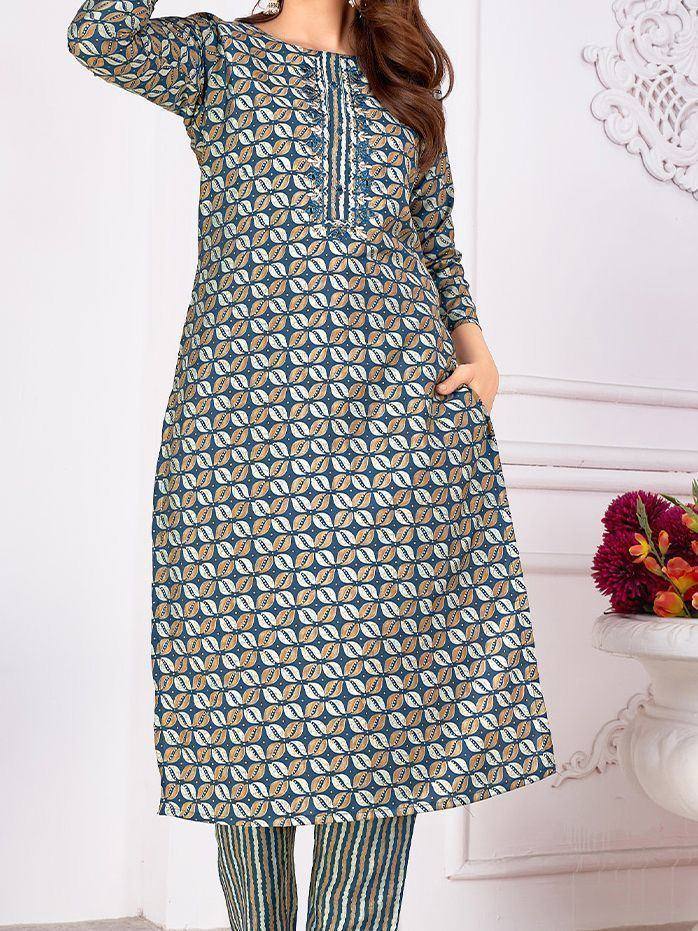 Blue printed kurti with matching palazzo pants, Indian ethnic wear for women