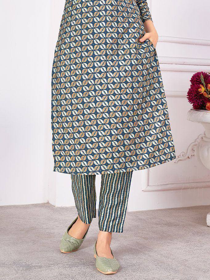 Ethnic printed kurta with striped pants, stylish Indian wear for women
