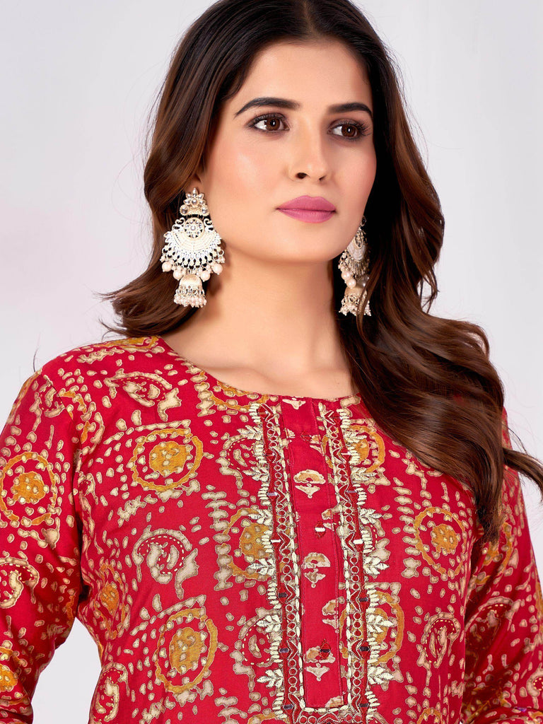 Stunning Red Digital Printed Rayon Readymade Pant Suit