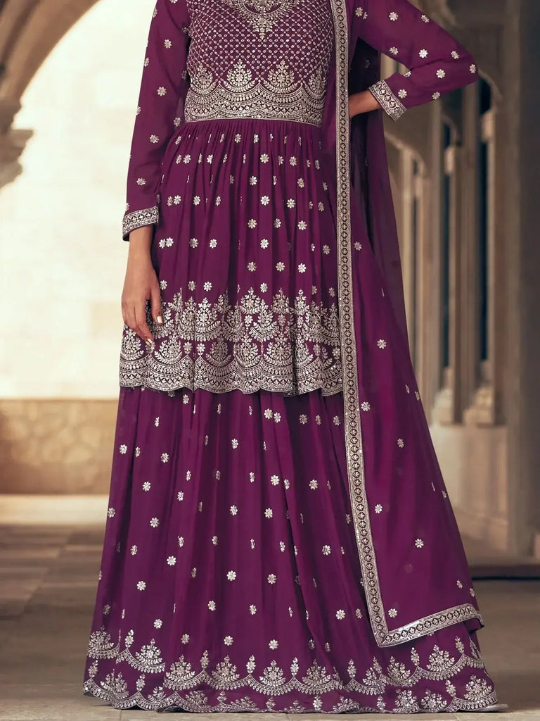 Outstanding Wine Embroidered Georgette Designer Gharara Suit