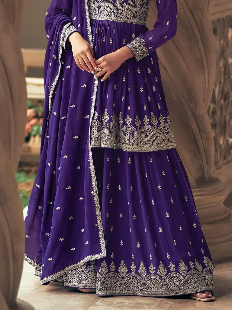 Incredible Purple Embroidered Georgette Wedding Wear Gharara Suit