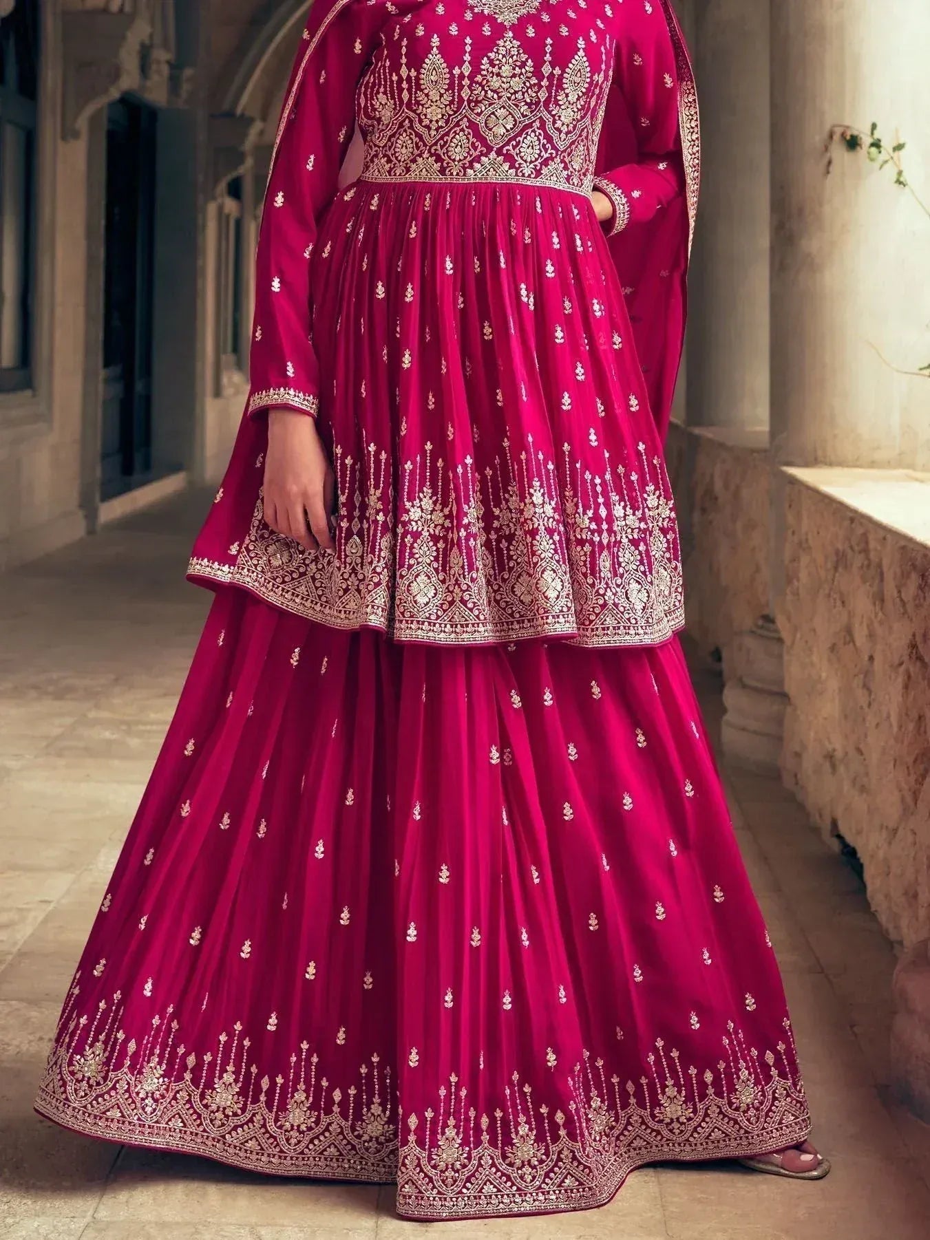Magenta designer lehenga choli with gold embroidery, ethnic Indian wear for weddings and festivals