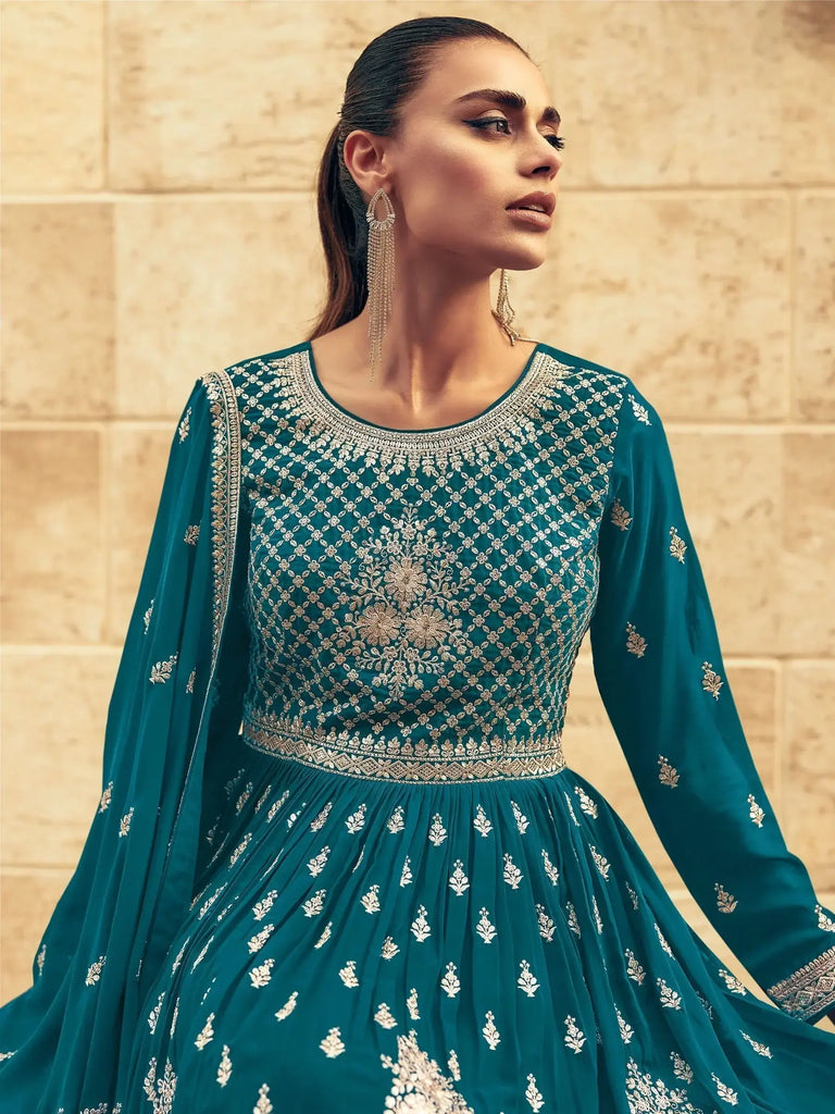 Awesome Blue Embroidered Georgette Gharara Suit With Dupatta
