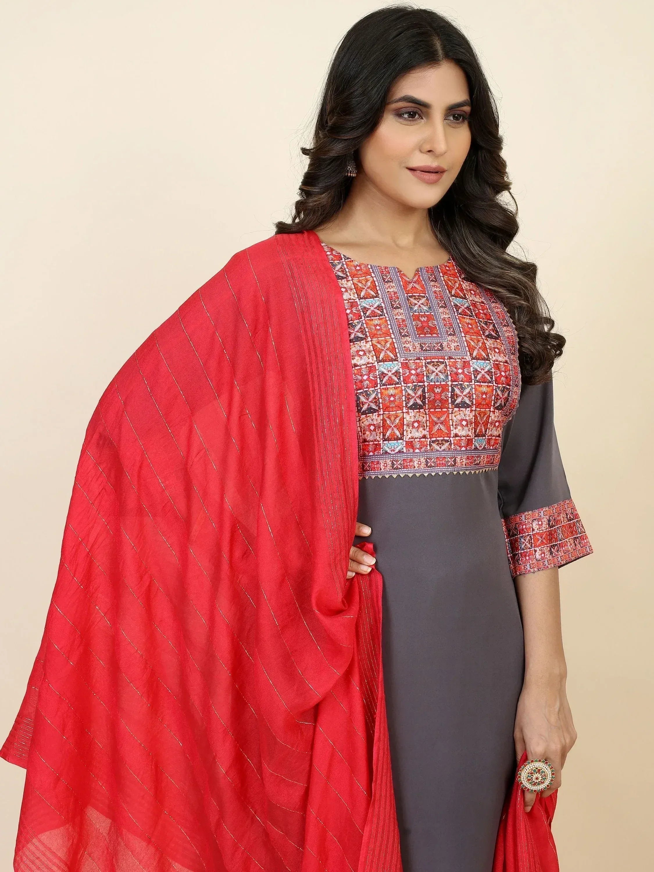 Grey printed kurta with red dupatta, ethnic wear for women