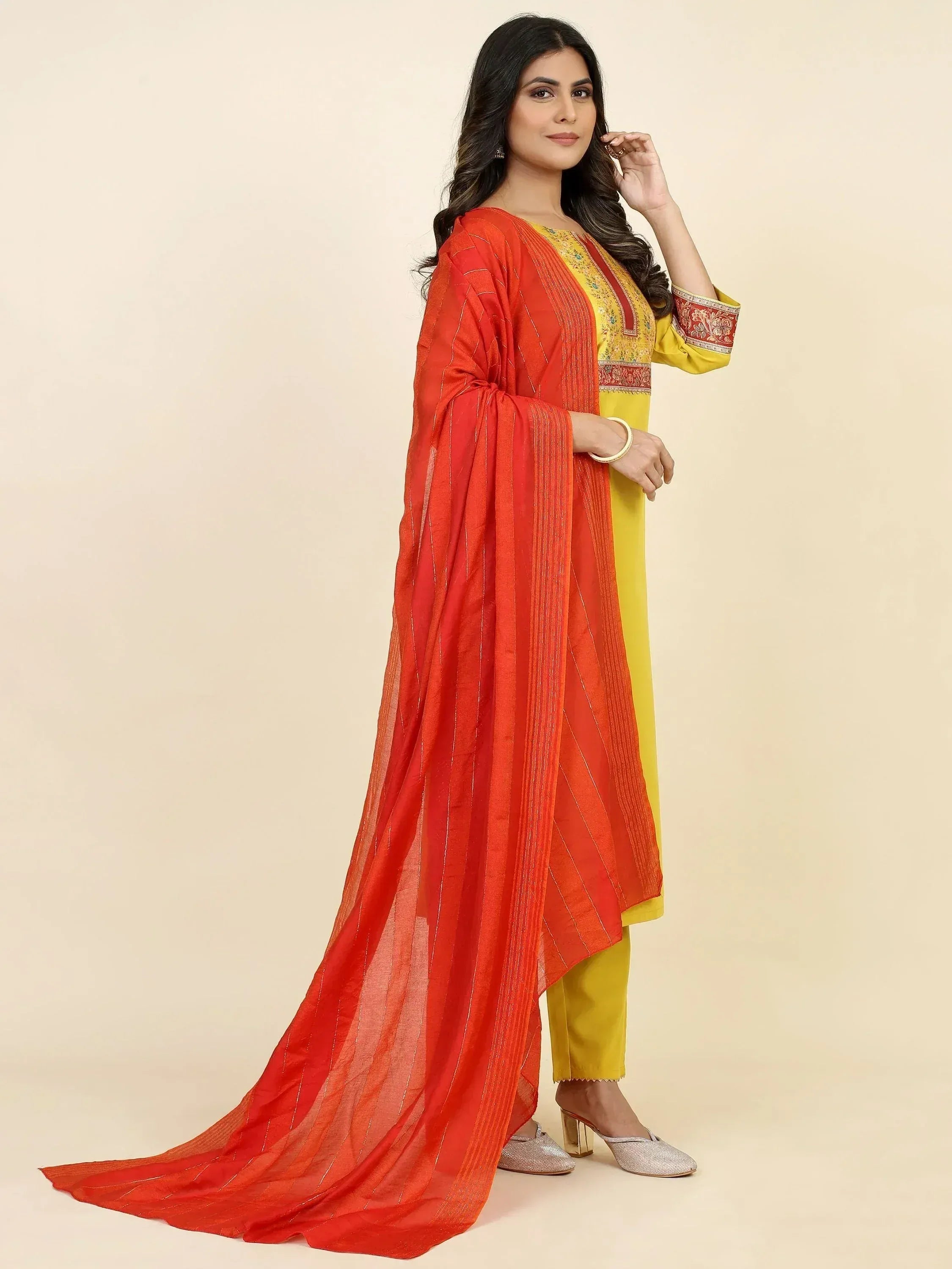 Yellow embroidered kurta with red dupatta, ethnic wear for women