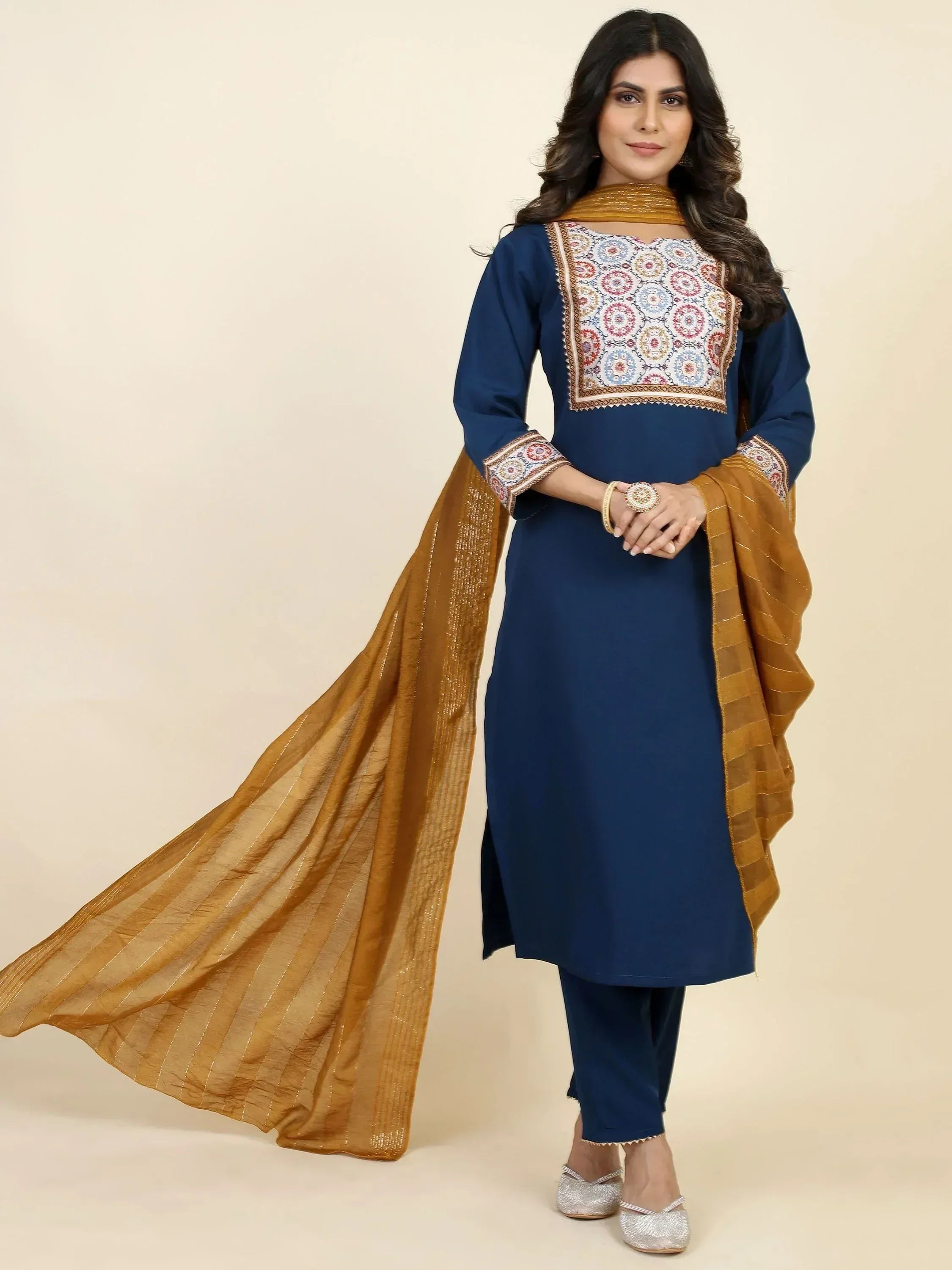 Navy blue embroidered salwar kameez with gold dupatta, Indian ethnic wear for women